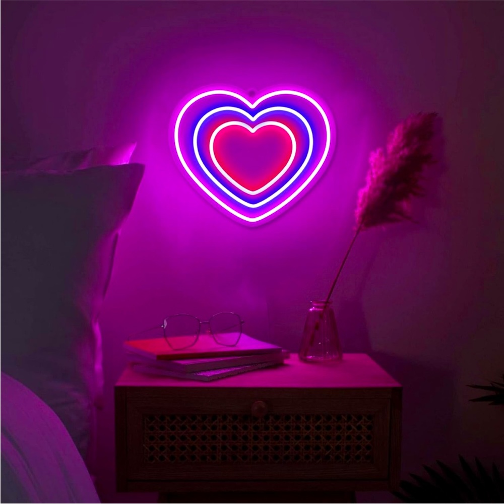 Neon Purple Pink Heart Valentines Love Retro 90s Party Festival LED USB Light - Picture 3 of 6